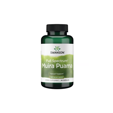 Swanson's Muira Puama 400 mg capsules, in a green bottle, are known for aphrodisiac benefits and support sexual health, with a total of 90 capsules.